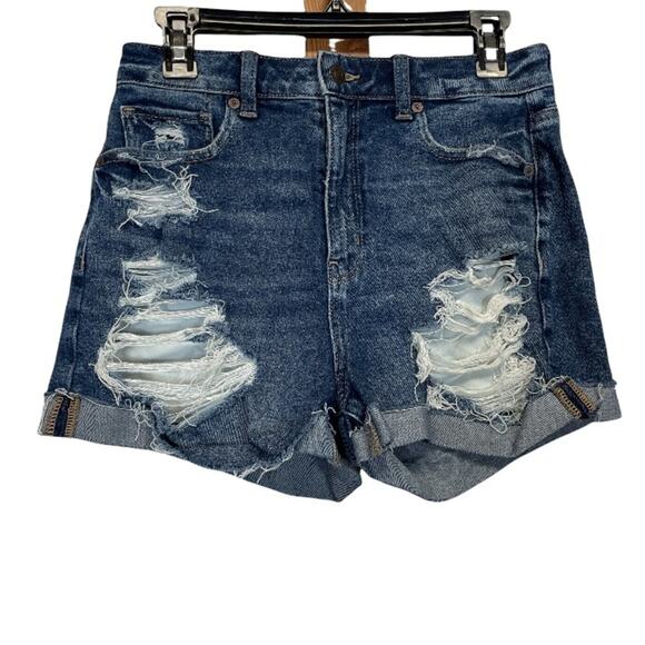 American Eagle High Rise Distressed Dark Wash Mom Denim Jean Shorts Size 6 - Picture 1 of 9